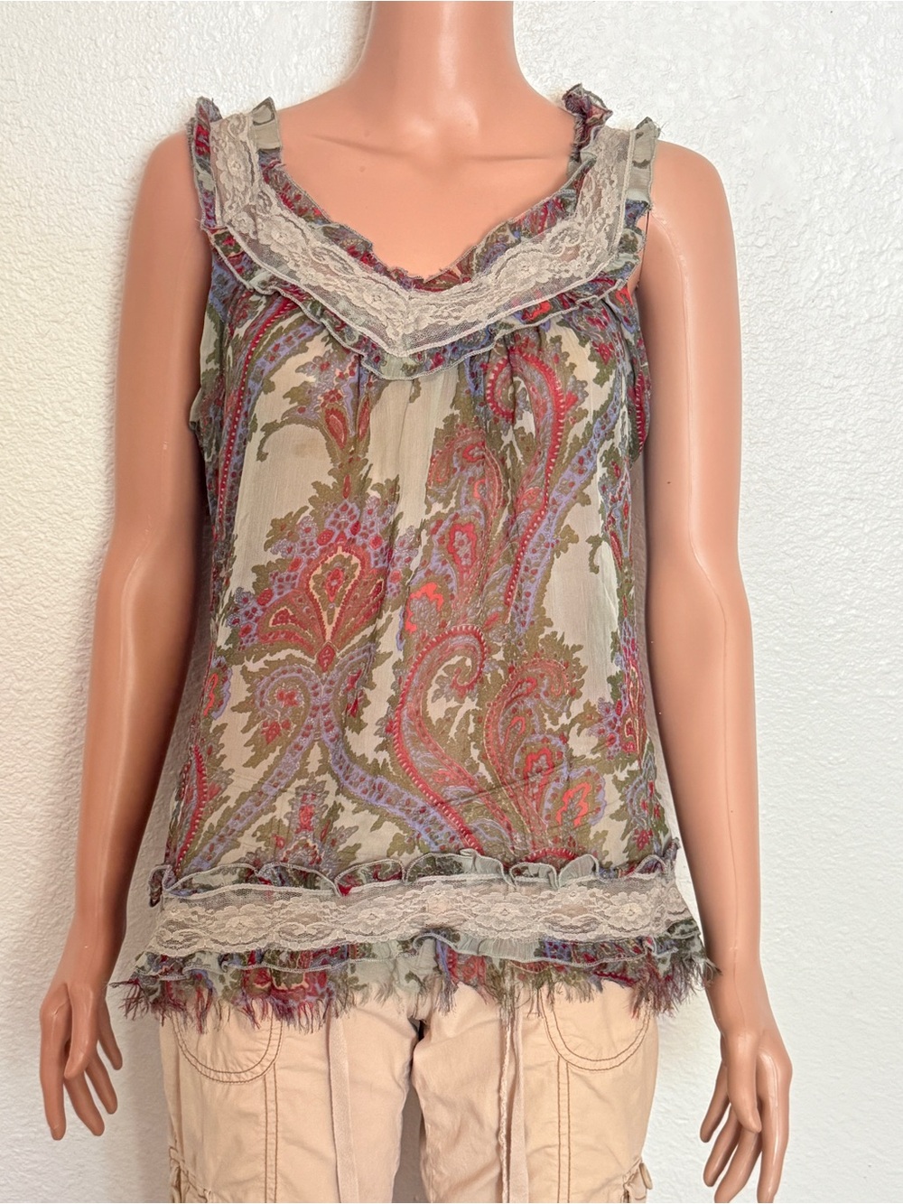 Y2K Passport Sheer Paisley Lace Trim Cami Fairycore Raw Hem Tank L